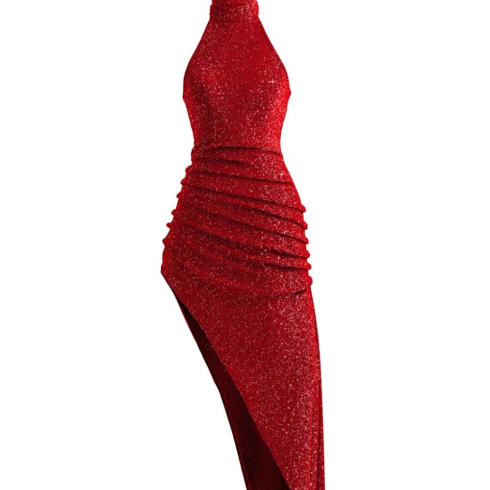 Wolf & Badger Red Sparkly Maxi Dress – Asymmetrical Hem, Bodycon Fitted